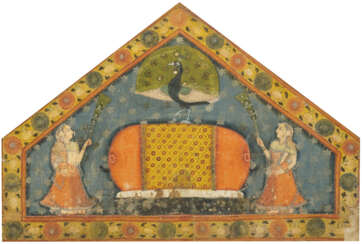 Pitchvai in giebelförmigem Format. Polychrome Malerei auf Baumwolle, Darstellung zweier Dienerinnen und eines Pfaus.