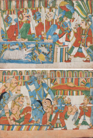 Zwei Gouachenmalereien auf Papier, Blatt doppelseitig bemalt mit figurale Illustrationen aus einer Ramayana Serie. - photo 1