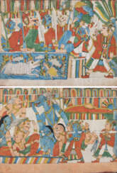 Zwei Gouachenmalereien auf Papier, Blatt doppelseitig bemalt mit figurale Illustrationen aus einer Ramayana Serie.