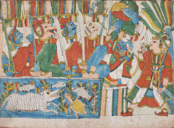 Zwei Gouachenmalereien auf Papier, Blatt doppelseitig bemalt mit figurale Illustrationen aus einer Ramayana Serie. - Foto 2