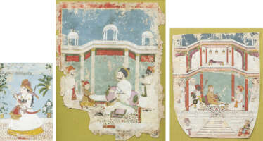 Drei Miniaturmalereien, u.a. Herrscherportraits innerhalb von prächtiger Moghul-Architektur.