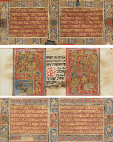 Drei doppelseitige Folios eines Kalapasutra Jain Manuskripts, Sankrit-Zeilen in Gold und Schwarz mit figuralem Randdekor. - фото 1