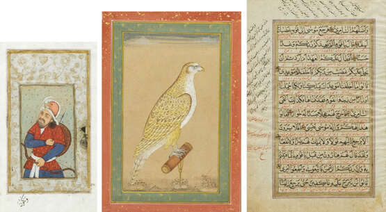 Ein Koranblatt mit Nakshi.-Schrift, 18. Jh., eine Miniatur mit Darstellung eines Falken im Mogul-Stil und ein beidseitig dekoriertes Blatt. - Foto 1