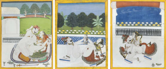 Drei Miniaturen mit erotischen Szenen, jeweils ein Paar beim Liebesakt innerhalb von Gartenarchitektur - photo 1