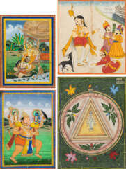Vier Minaturmalereien in Gouache und partiell Gold auf Papier, Darstellungen aus dem Ramayana und der indischen Götterwelt, u.a.: Kalighat, Bagalamukhi und Hanuman.