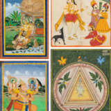 Vier Minaturmalereien in Gouache und partiell Gold auf Papier, Darstellungen aus dem Ramayana und der indischen Götterwelt, u.a.: Kalighat, Bagalamukhi und Hanuman. - photo 1