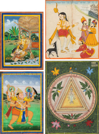 Vier Minaturmalereien in Gouache und partiell Gold auf Papier, Darstellungen aus dem Ramayana und der indischen Götterwelt, u.a.: Kalighat, Bagalamukhi und Hanuman. - фото 1