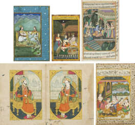 Sechs Miniaturmalereien, figurale traditionale Szenen und die Darstellung des Herrscherpaares Shah Jahan und Mumtaz Mahal.