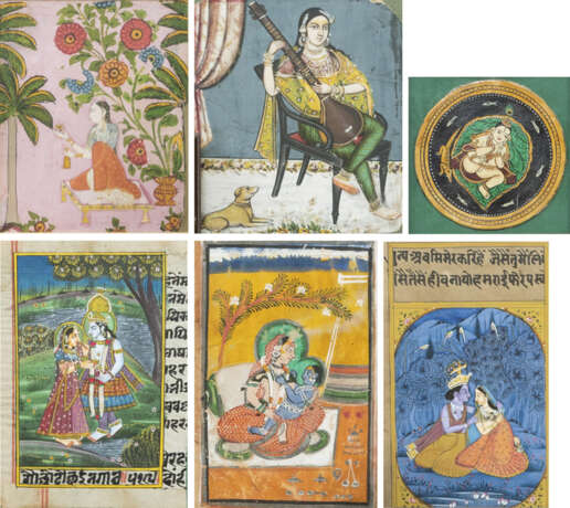 Fünf Miniaturmalereien und eine Spielkarte, u.a. mit Szenen aus dem Leben Krishna - фото 1