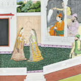 Miniaturmalerei im Moghul-Stil, Palastarchitektur mit der Darstellung zweier Prinzessinen, die von einer Veranda aus beobachtet werden. - Foto 1