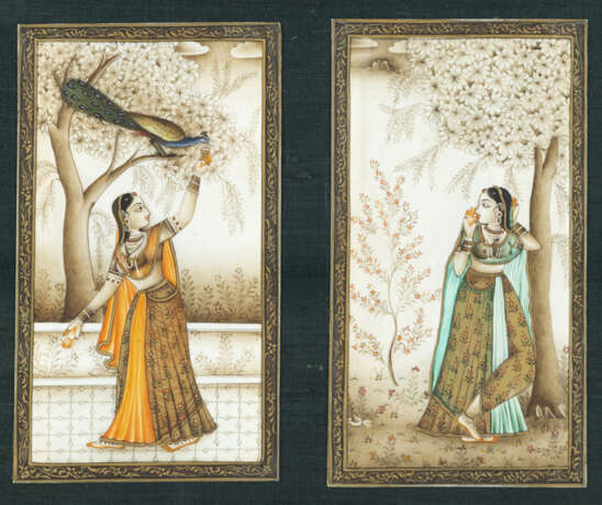 Zwei feine Miniaturmalereien auf Elfenbein, im Moghul-Still. Damen im Garten - Foto 1