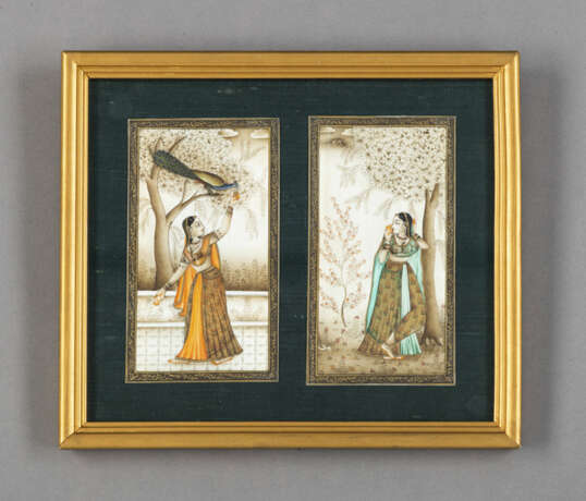 Zwei feine Miniaturmalereien auf Elfenbein, im Moghul-Still. Damen im Garten - photo 2