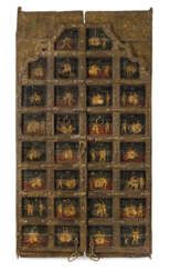 Feine Doppeltür mit polychromer Malerei von erotischen Szenen in viereckigen in Kartuschen mit Ölfarbe auf Holz