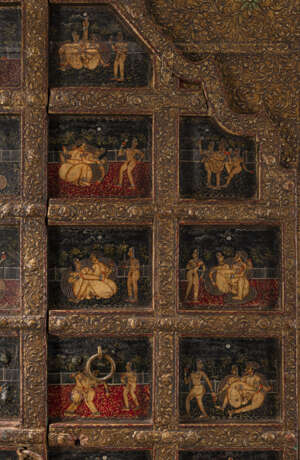 Feine Doppeltür mit polychromer Malerei von erotischen Szenen in viereckigen in Kartuschen mit Ölfarbe auf Holz - photo 10