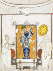Miniaturmalerei, die Anbetung im Schrein Sri Nath Ji. Zwei Adoranten flankieren den siebenjährigen Krishna.