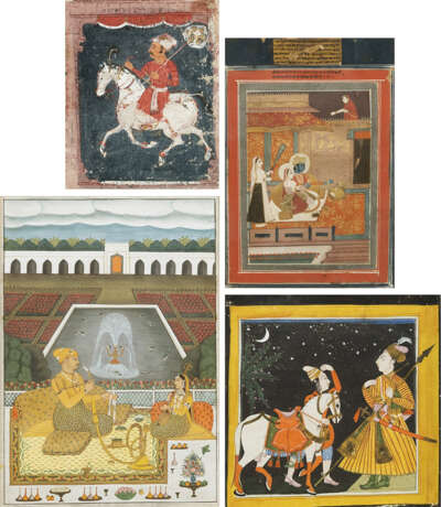 Vier Miniaturmalereien, u.a. Darstellung von Krishna und Radha innerhalb einer Palastarchitektur - Foto 1