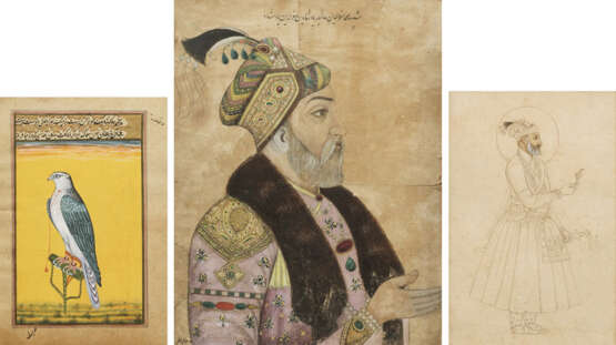 Drei Miniaturmalereien in Gouache und Graphit, u.a. die Darstellungen von Moghul-Prinzen und die Darstellung eines Jagd-Falken - Foto 1