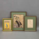 Drei Miniaturmalereien in Gouache und Graphit, u.a. die Darstellungen von Moghul-Prinzen und die Darstellung eines Jagd-Falken - Foto 2