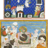 Zwei Miniaturmalereien, u.a eine Darstellung aus dem Leben Krishna und eine Darstellung eines zermoniellen Empfangs eines Herrschers, umgeben von Offizieren und Würdenträgern. - Foto 1