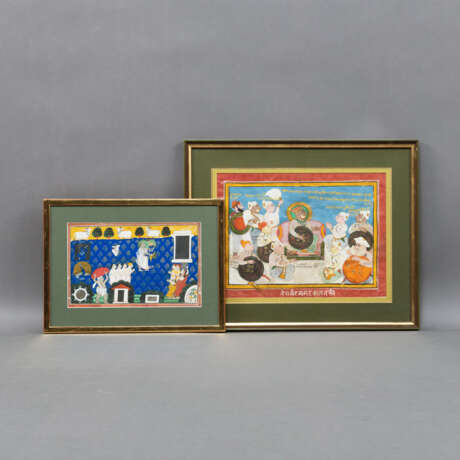Zwei Miniaturmalereien, u.a eine Darstellung aus dem Leben Krishna und eine Darstellung eines zermoniellen Empfangs eines Herrschers, umgeben von Offizieren und Würdenträgern. - Foto 2