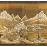 Sechsteiliger Faltschirm mit einer Winterlandschaft und Reitern auf Goldfond - photo 4