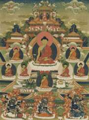 Thangka mit den Sieben Manushi Buddha und Maitreya