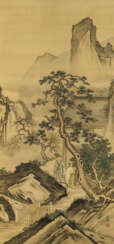 Malerei einer Berglandschaft mit zwei chinesischen Gelehrten vor einem Gebäude