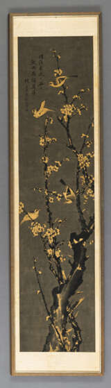 Malerei mit Darstellung eines Vogelpaars im Geäst eines blühenden Prunus, Tusch auf Papier - Foto 2