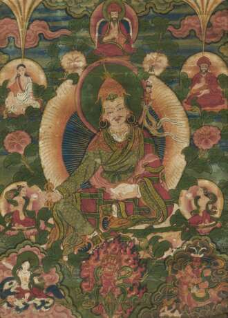Kleines Thangka des Padmasambhava mit Lehrern, Gefährtinnen und Wächtern - фото 1