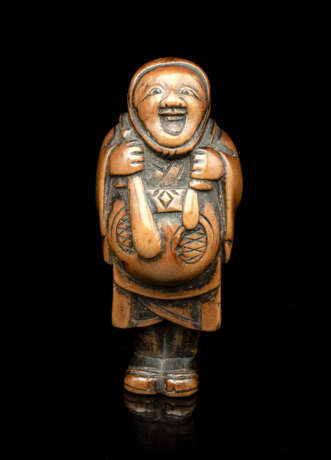 Netsuke eines Bauern beim Singen von Parodien (ahodarakyô-Sänger) aus Buchsbaum - Foto 1