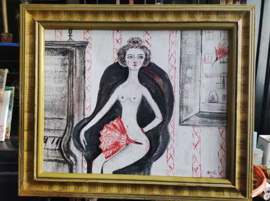 Женщина с красным веером холст льняной Oil Impressionism Nude art Ukraine 2021 - photo 1