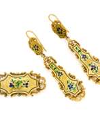 Periode von Karl X.. Historic Gold-Enamel-Set: Ear Jewellery and Brooch