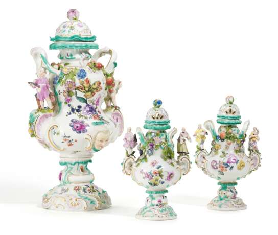 One large and two small porcelain potpourri vases with figural decor - фото 1