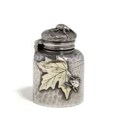 Japanese style silver inkwell with maple leaves and small beetles