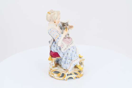 Porcelain figurines of boy with stick horse and lady feeding kitten - photo 2