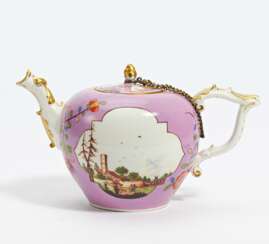 Porcelain tea pot with landscape cartouches and light purple fond