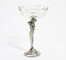 ART NOUVEAU CENTERPIECE WITH YOUNG WOMAN MADE OF SILVERED METAL AND CUT GLASS