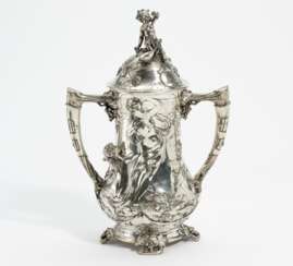 LARGE DOUBLE HANDLED BEAKER WITH CHEERFUL BACCHANAL MADE OF SILVERED METAL