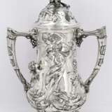 LARGE DOUBLE HANDLED BEAKER WITH CHEERFUL BACCHANAL MADE OF SILVERED METAL - photo 2