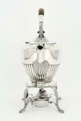 Edward VII silver tea pot with gadrooned walls on rechaud