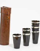 Set of six Victoria horn tumblers with silver mount and glass bottom