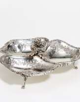 Three-part silver serving bowl with artichoke handle