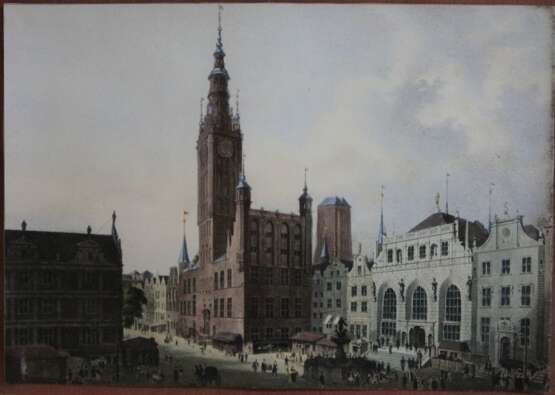 Danzig, Lithographie, Blick auf Rechtstädtisches Rathaus mit Turm der Marienkirche im Hintergrund - photo 1