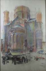 Kreidezeichnung, Kirche, unleserlich signiert und datiert 1939, Maße: 49 x 34 cm.