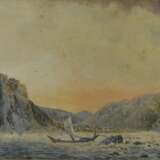 Wolf, Theodor, Aquarell, Fluß mit Boot, u. l. SignierTiefe: Theodor Wolf, Maße: 46,5 cm x 28, 5 cm, Rahmen - Foto 1