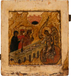 A RARE AND LARGE ICON SHOWING THE HOLY WOMEN AT THE EMPTY SEPULCHRE