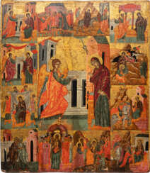 A LARGE ICON SHOWING THE ANNUNCIATION OF THE MOTHER OF GOD AND SCENES FROM THE AKATHIST