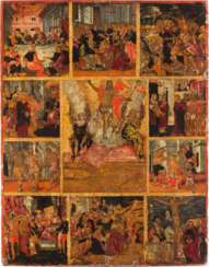 A VERY RARE, LARGE AND VERY FINE ICON OF THE RESURRECTION OF CHRIST AND TEN SCENES OF THE PASSION