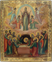 A LARGE SIGNED AND DATED ICON SHOWING THE ASSUMPTION OF MARY