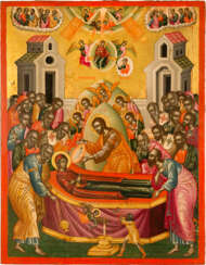 A LARGE DATED ICON SHOWING THE DORMITION OF THE MOTHER OF GOD